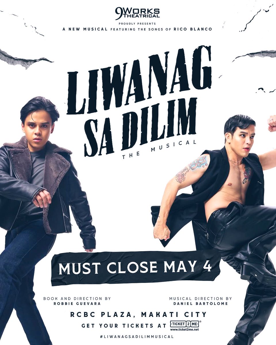 mydeeds's tweet image. Dahil sa tagumpay nito, extended hanggang May 3 ang hit Filipino musical na #LiwanagSaDilim, tampok ang mga awitin ni #RicoBlanco, sa RCBC Plaza, Makati City.  Patuloy na mapapanood dito ang Sparkle artists na sina #AnthonyRosaldo, #RitaDaniela, #KhalilRamos, at #BriannaBunagan