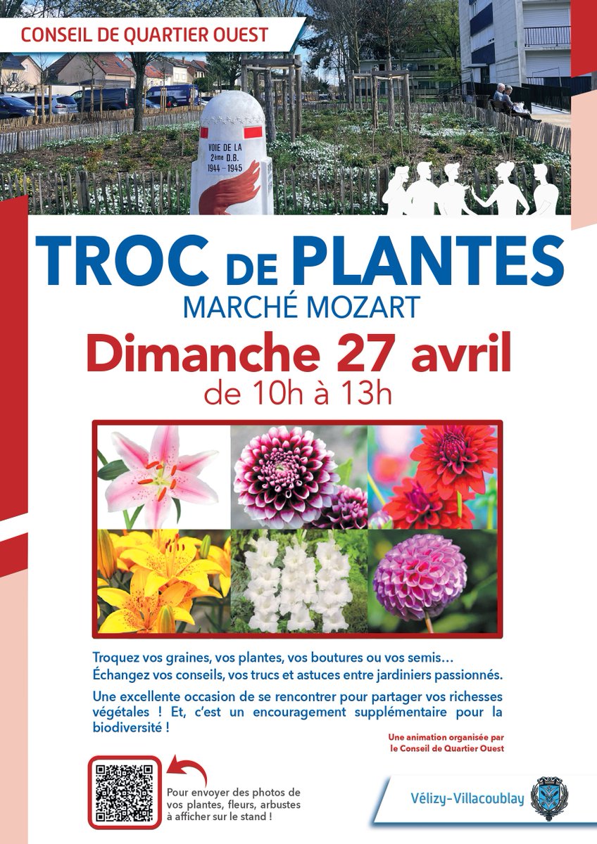 𝗥𝗲𝗻𝗱𝗲𝘇-𝘃𝗼𝘂𝘀 𝗮𝘂 𝘁𝗿𝗼𝗰 𝗱𝗲 𝗽𝗹𝗮𝗻𝘁𝗲𝘀 ! 🪴

Le conseil de quartier Ouest organise un troc de plantes le 27 avril à 10h, au marché Mozart. Les jardiniers vous donneront trucs et astuces pour réussir à entretenir vos boutures, graines, plantes...