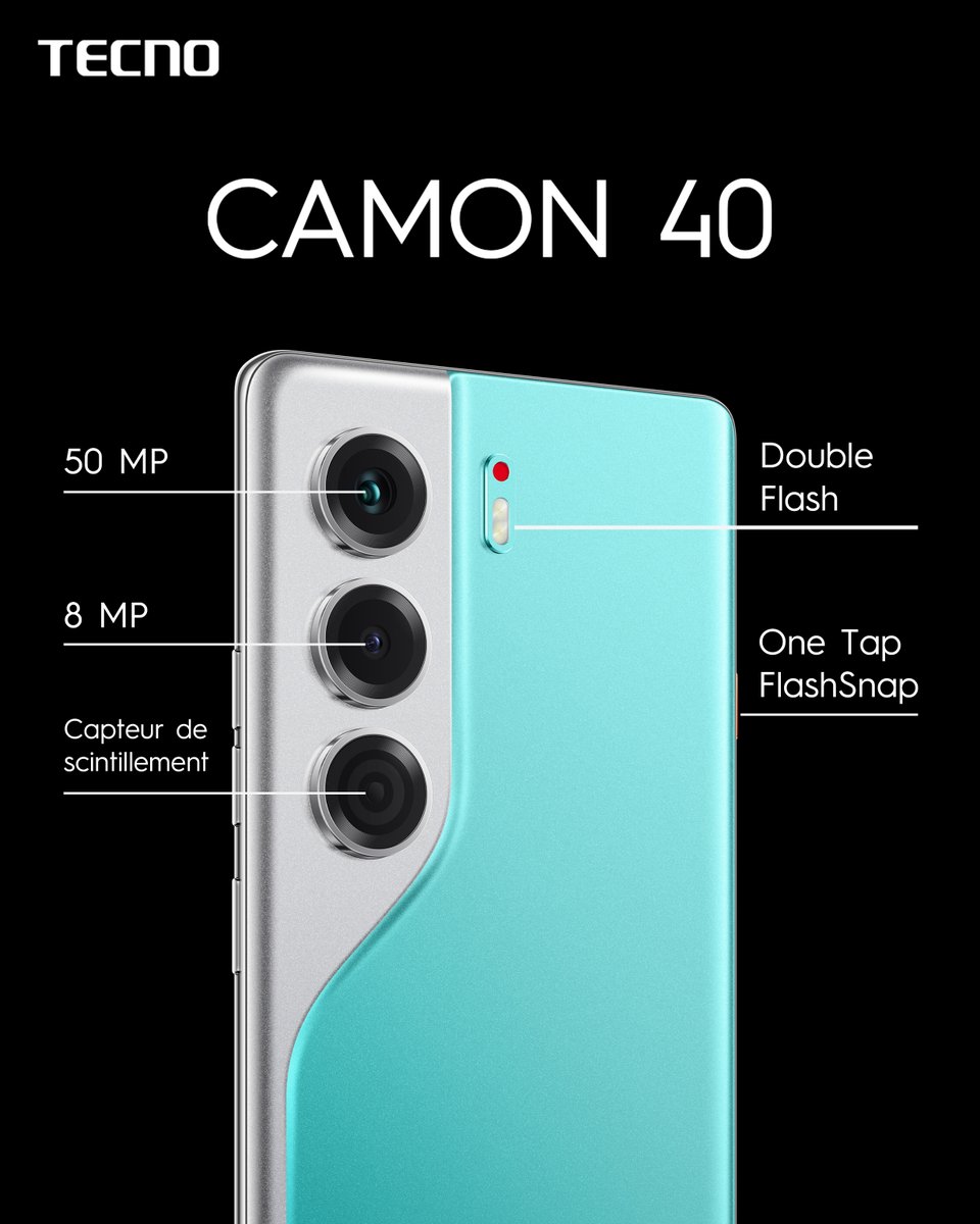 TECNOMobileMali's tweet image. Le CAMON 40 comporte un triple capteur photo de 50 MP, 8 MP pour une vision ultra-large, un capteur de scintillement pour des clichés toujours stables. Un double Flash et le One Tap FlashSnap
#TECNOAI #Camon40Series #FlashSnap #CAMON40