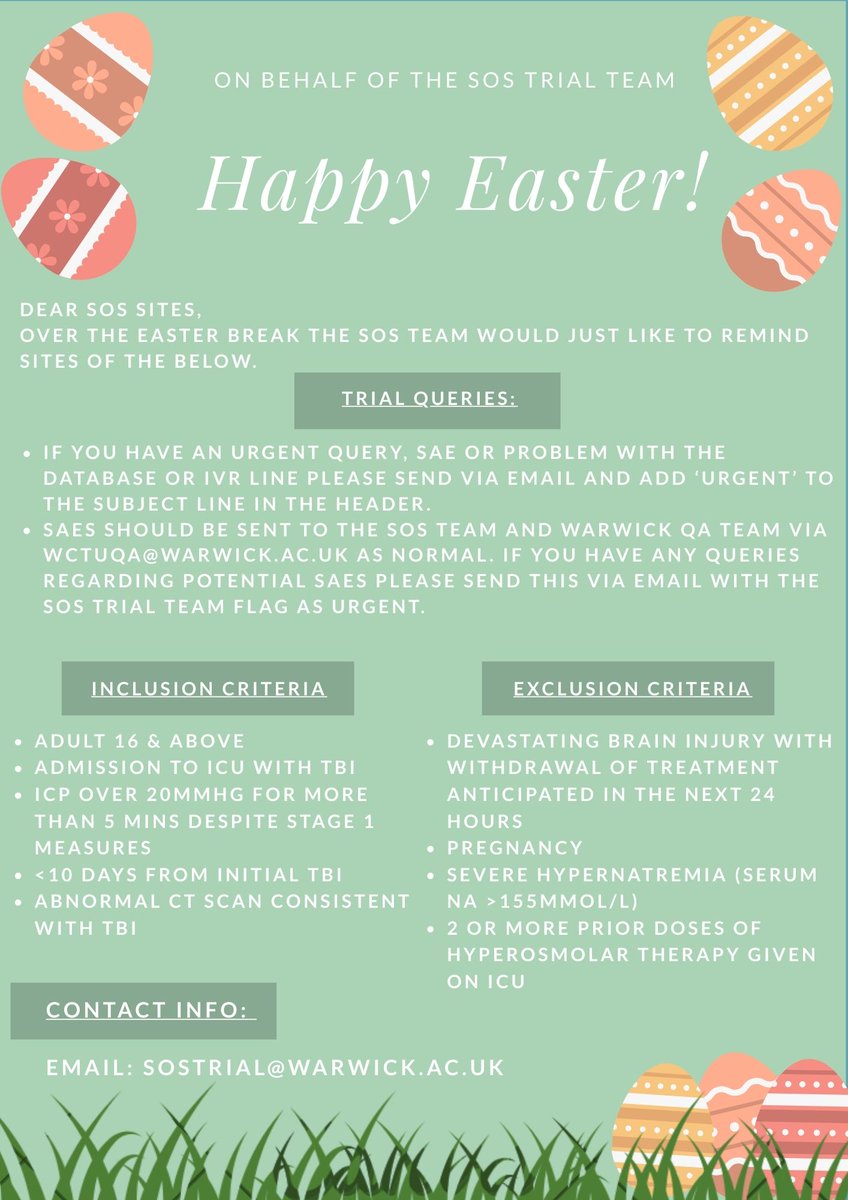🧠The SOS trial would like to wish our sites a Happy Easter! We have also included some key trial information below. Please contact the trial team to raise any queries.🐰