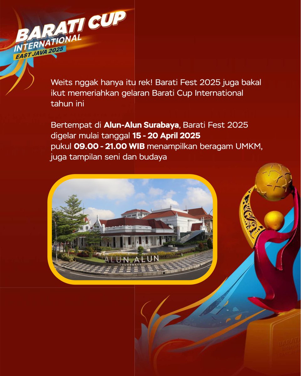 ARE YOU READY FOR BARATI CUP INTERNATIONAL 2025?? ⚽️⚽️

Kompetisi sepakbola antar klub hadir di Kota Surabaya. Gelaran pertandingan ini diikuti oleh klub sepakbola U-13, U-14, dan U-15 dari 14 provinsi dan 7 negara 🙌🏻

Yuk ramaikan rek! Sampai jumpa di lapangan 🏟️