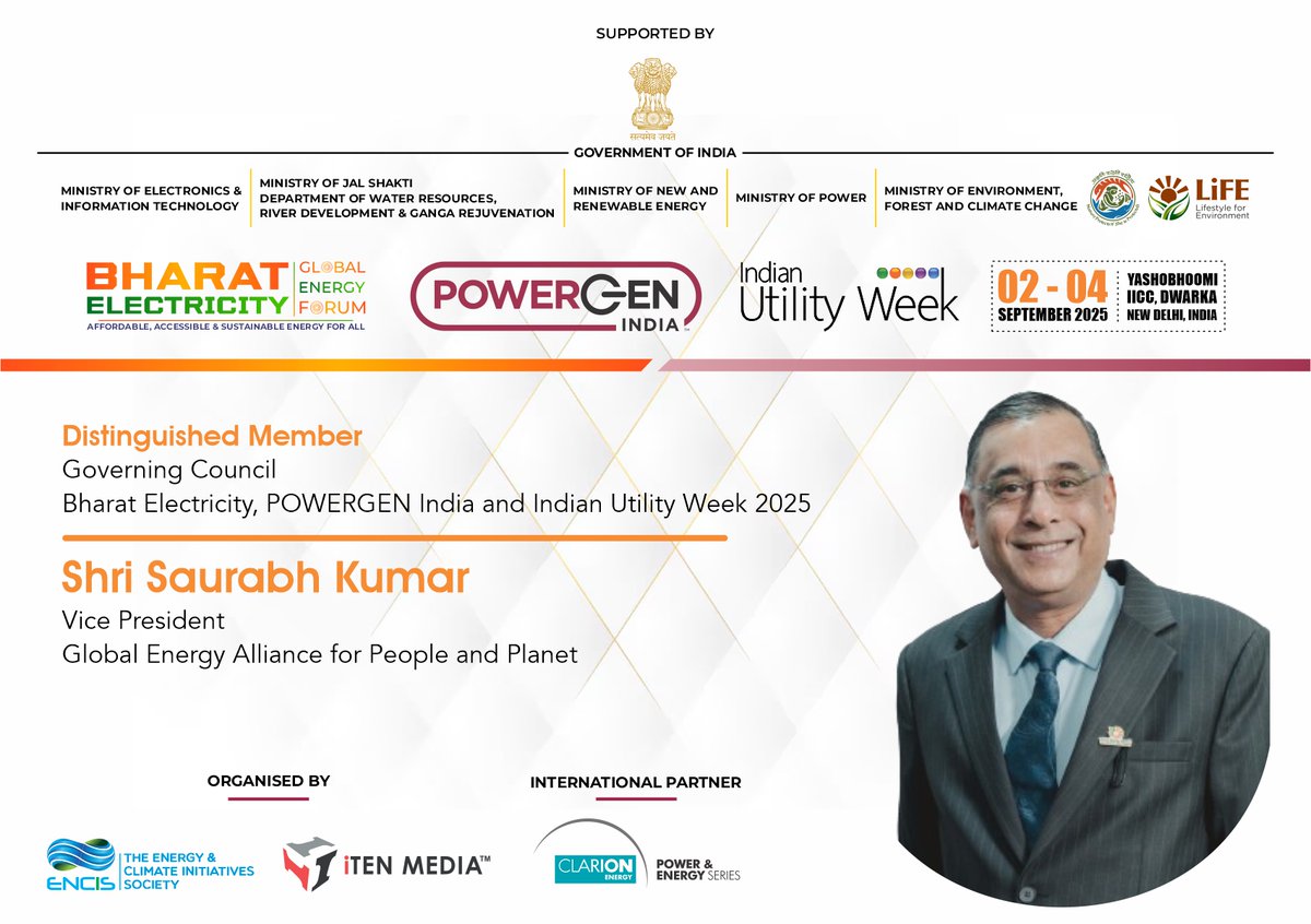 Bharat Electricity (@bharat_elec) on Twitter photo Honored to welcome Shri. Saurabh Kumar, VP, <a href="/EnergyAlliance/">Global Energy Alliance for People and Planet</a>, as a Distinguished Member of the Governing Council for <a href="/Bharat_Elec/">Bharat Electricity</a>, <a href="/PowerGenIndia/">POWERGEN India</a> & <a href="/IndianUtilityWk/">Indian Utility Week</a>
π
2-4 Sep 25
π Yashobhoomi IICC, New Delhi
π For more infoπ powergen-india.com
#Bharatelectricity Honored to welcome Shri. Saurabh Kumar, VP, <a href="/EnergyAlliance/">Global Energy Alliance for People and Planet</a>, as a Distinguished Member of the Governing Council for <a href="/Bharat_Elec/">Bharat Electricity</a>, <a href="/PowerGenIndia/">POWERGEN India</a> & <a href="/IndianUtilityWk/">Indian Utility Week</a>
π
2-4 Sep 25
π Yashobhoomi IICC, New Delhi
π For more infoπ powergen-india.com
#Bharatelectricity