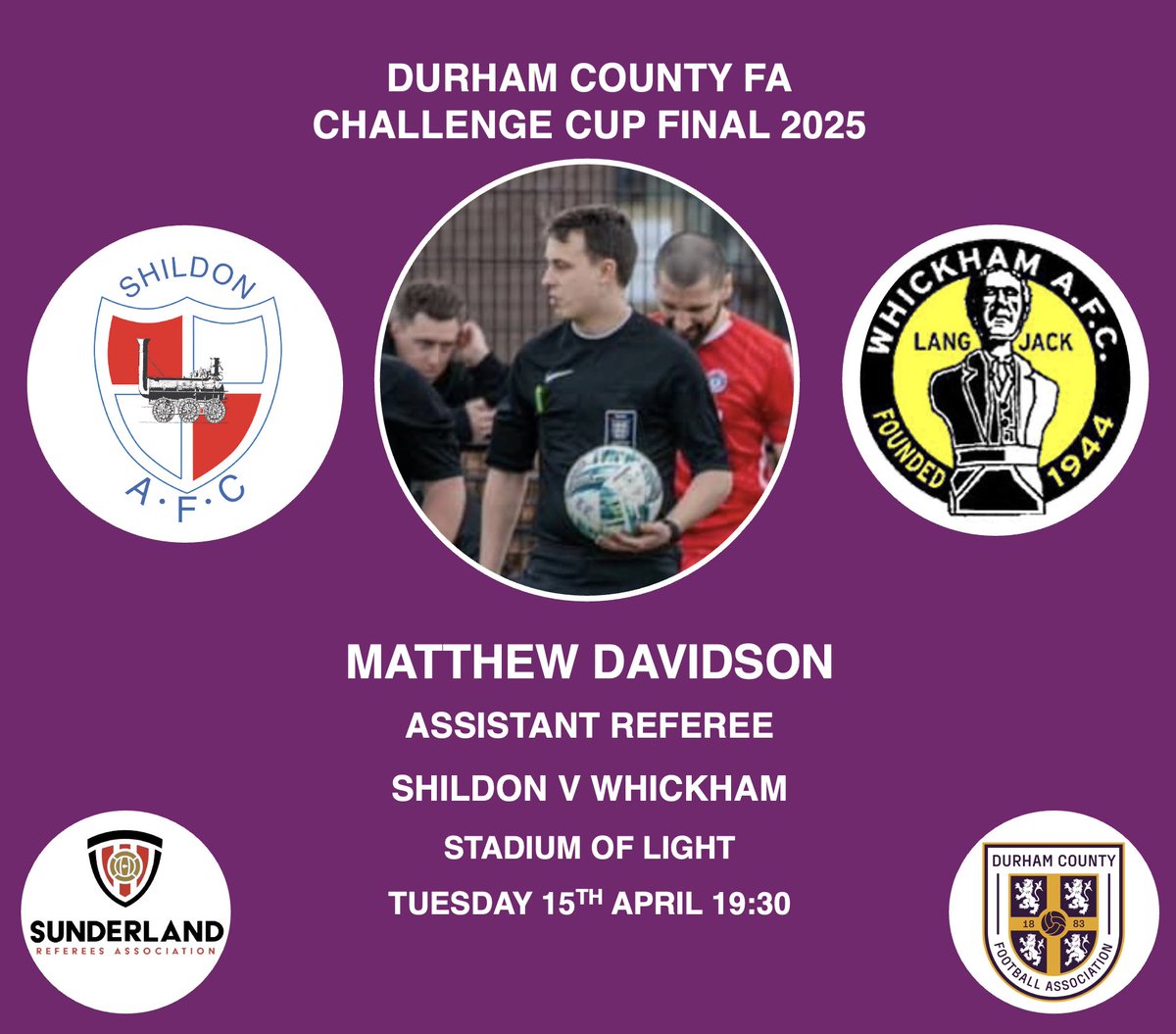 Good luck to Sunderland RA’s Matthew Davidson who is assistant referee in tonight’s Durham FA Challenge Cup Final 🏆