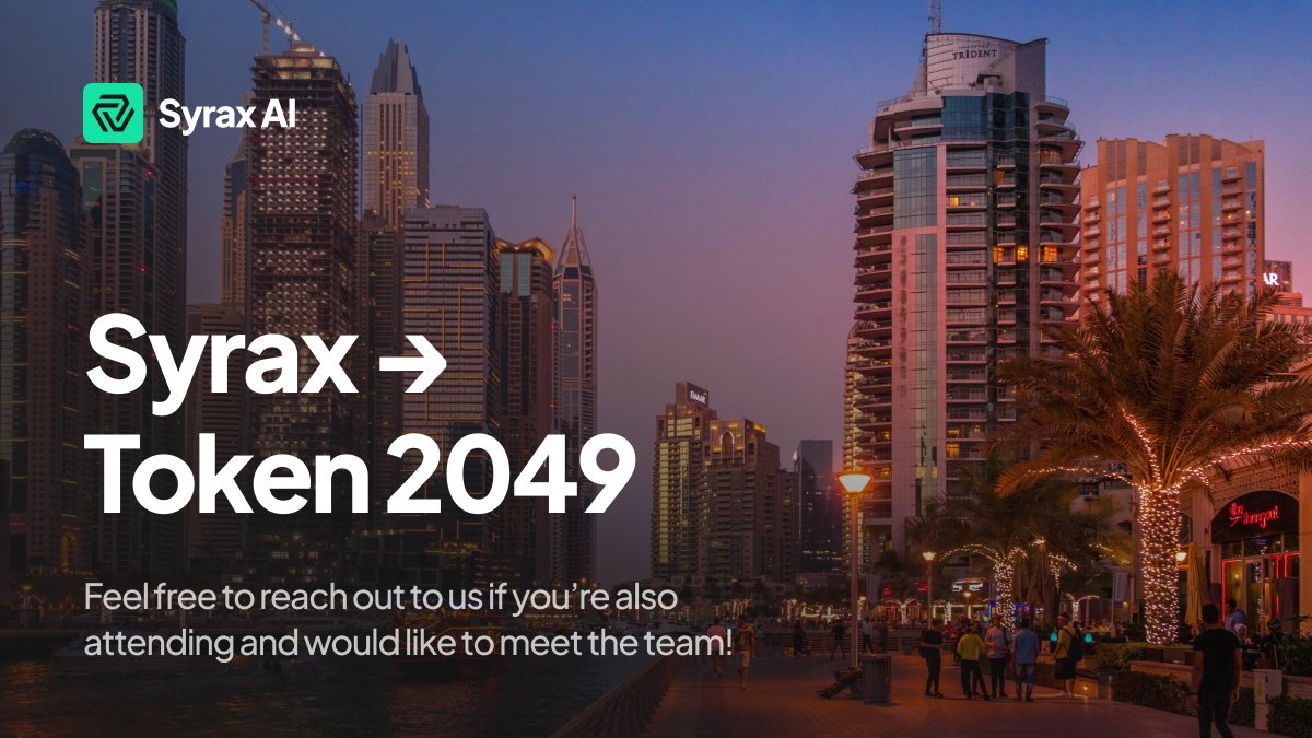 Syrax AI is heading to <a href="/token2049/">TOKEN2049</a> Dubai 🇦🇪

We'll be on the ground meeting builders, traders, and fellow degens. 

If you're around and want to link up, send us a DM. 
Let’s connect, talk alpha, and build the future of trading.