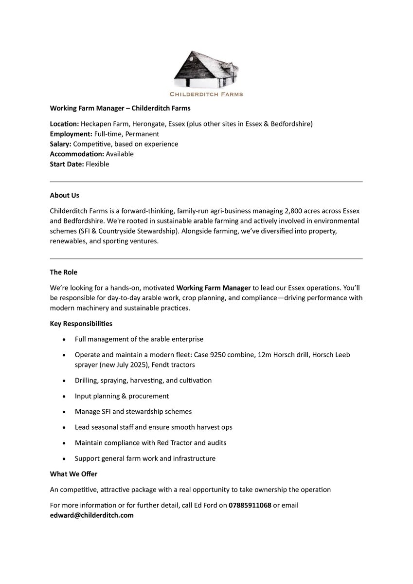 **Working Farm Manager**
Based in South Essex
Competetive Package