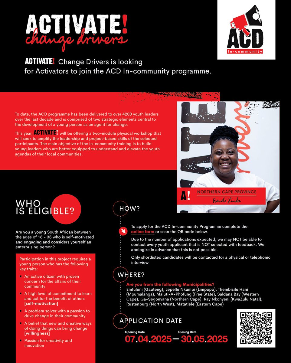 Swipe to meet the amplifier and criteria for a province near you. Visit our website or use the link below to learn about the application process and criteria.

This is a national call-out led by our amplifiers based in each Province, the deadline for applications is 30 May 2025.