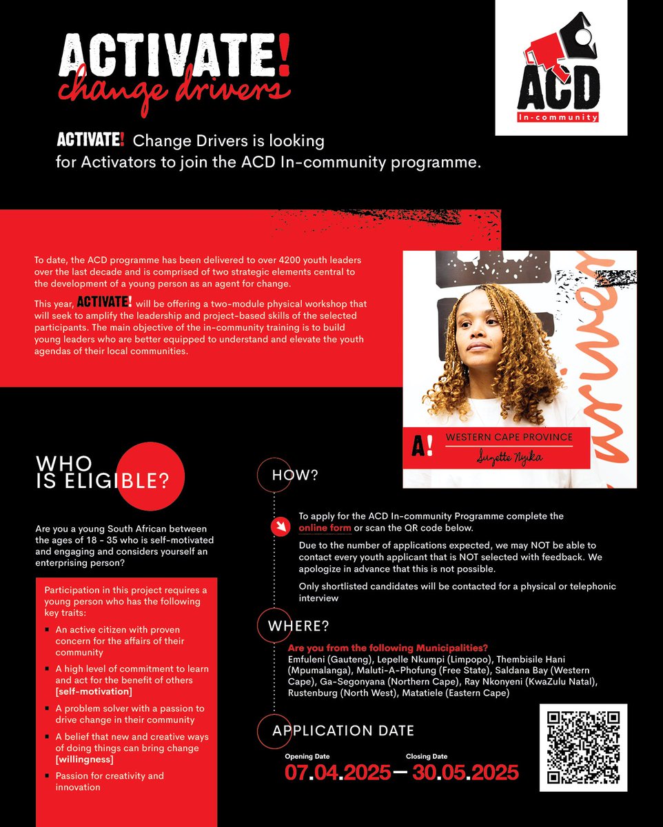 Swipe to meet the amplifier and criteria for a province near you. Visit our website or use the link below to learn about the application process and criteria.

This is a national call-out led by our amplifiers based in each Province, the deadline for applications is 30 May 2025.