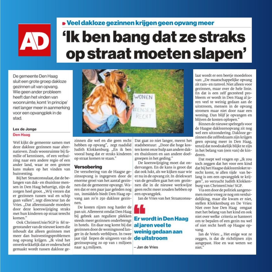 Veel dakloze gezinnen krijgen nul op het rekest van <a href="/GemeenteDenHaag/">Gemeente Den Haag</a>, zogenaamd omdat ze zelfredzaam zijn. Bizar dat wethouder oproep van de raad, geen kind op straat, in de praktijk naast zich neerlegt. <a href="/klokkenburg/">Judith Klokkenburg</a> samen met <a href="/StraatConsulaat/">Straat Consulaat</a> op de voorpagina van <a href="/ADDenHaag/">AD Den Haag</a>