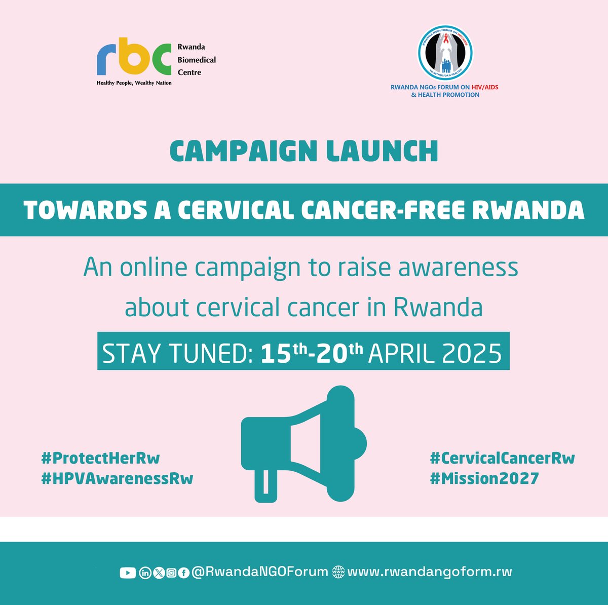 📢 Towards a Cervical Cancer-Free Rwanda📢

  <a href="/RwandaNGOForum/">Rwanda NGOs Forum on HIV/AIDS and H.P</a> proudly launches an online campaign to eliminate cervical cancer in Rwanda! 
This 5-day campaign will focus on awareness, prevention, early detection, treatment and access to services, so that no woman has to die from