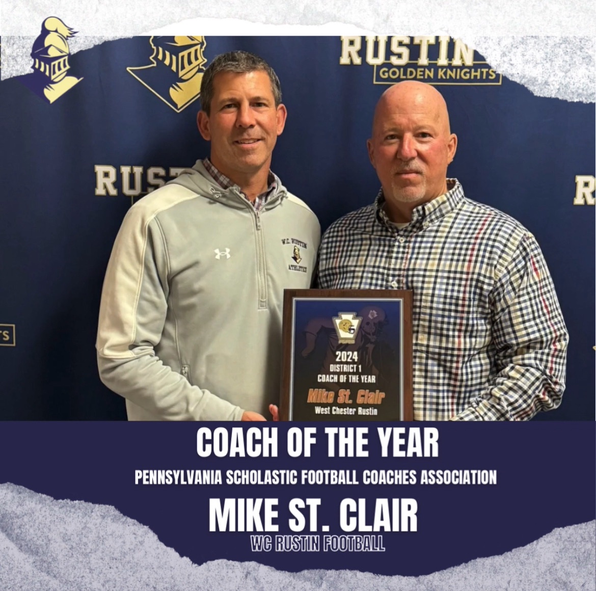 WC Rustin Athletics (@wcrustinknights) on Twitter photo Congratulations to WC Rustin Head Football Coach Mike St. Clair! Coach St. Clair is the District 1 Pennsylvania Scholastic Football Coaches Association COACH OF THE YEAR!
<a href="/WestChesterASD/">West Chester Area SD</a> <a href="/Rustin_Football/">Rustin Football</a> Congratulations to WC Rustin Head Football Coach Mike St. Clair! Coach St. Clair is the District 1 Pennsylvania Scholastic Football Coaches Association COACH OF THE YEAR!
<a href="/WestChesterASD/">West Chester Area SD</a> <a href="/Rustin_Football/">Rustin Football</a>