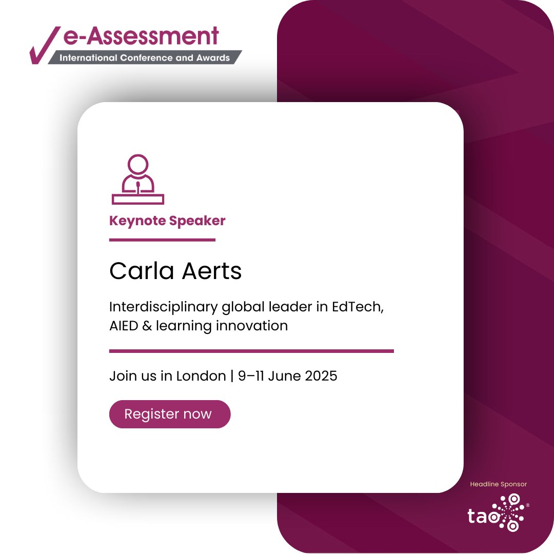The eAssessment Association (@eassess) on Twitter photo Keynote spotlight!
Weβre thrilled to have Carla Aerts join us at #eAssessment2025! A true EdTech visionary pushing the boundaries of AI in learning.
π Thank you to our headline sponsor <a href="/TAOTesting/">Open Assessment Technologies</a>
#EdTech #AIED #AIinAssessment Keynote spotlight!
Weβre thrilled to have Carla Aerts join us at #eAssessment2025! A true EdTech visionary pushing the boundaries of AI in learning.
π Thank you to our headline sponsor <a href="/TAOTesting/">Open Assessment Technologies</a>
#EdTech #AIED #AIinAssessment