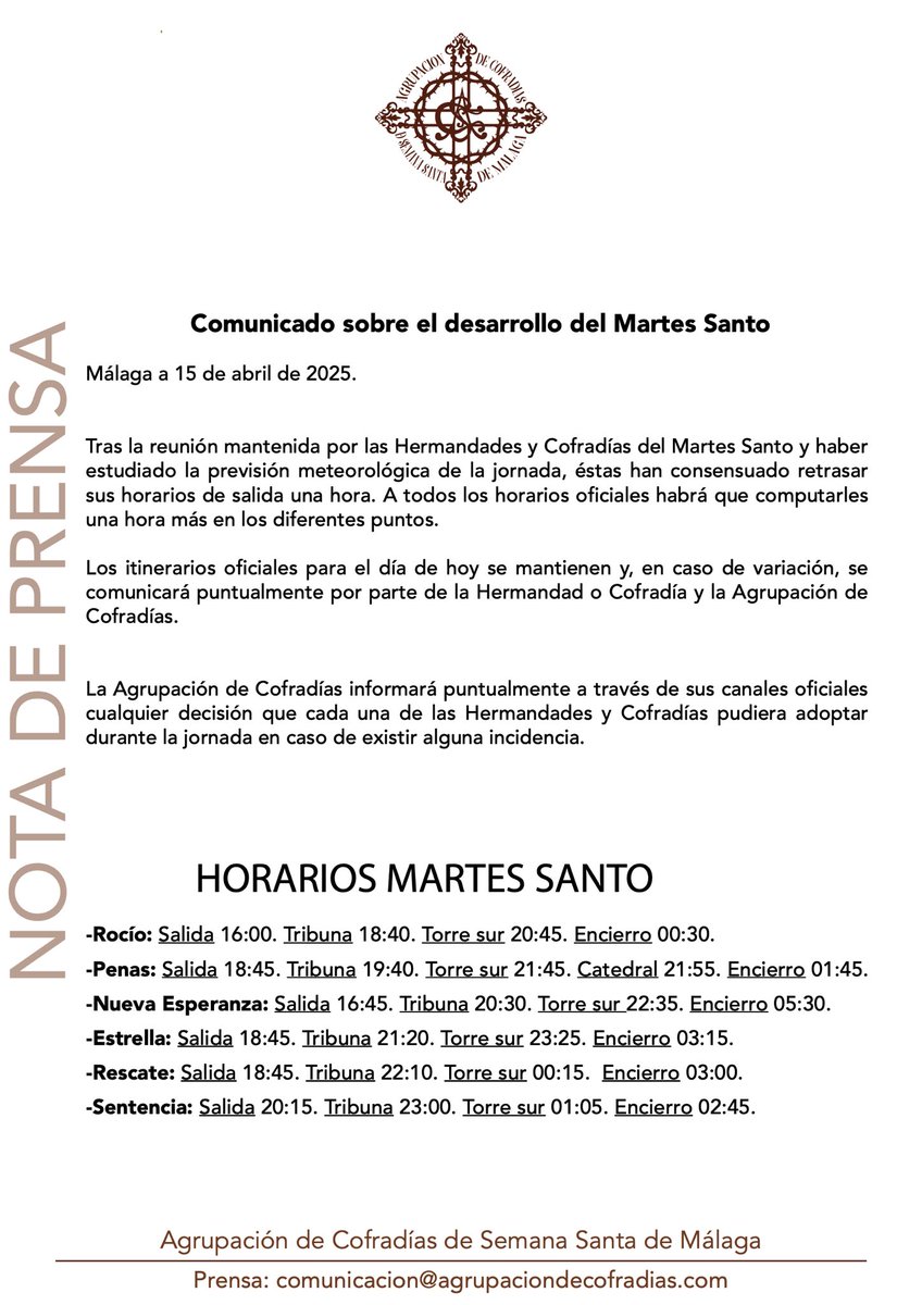 Comunicado sobre el desarrollo del Martes Santo. #CofradíasMLG