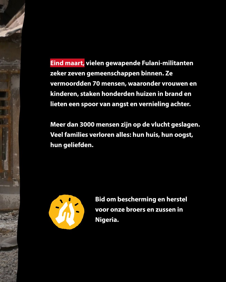 💔 Aanvallen op christelijke dorpen in Nigeria. ‼️

🙏🏻 Bid mee voor christenen in Nigeria!

In Nigeria zijn opnieuw christelijke dorpen aangevallen. Gewapende Fulani-militanten vielen eind maart zeker zeven gemeenschappen binnen.