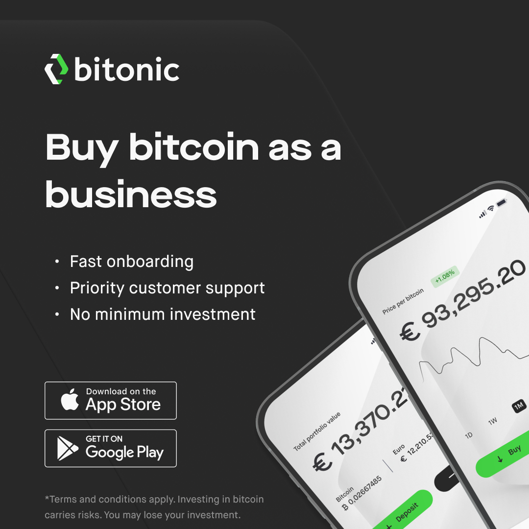 Want to buy bitcoin as a business?

With a business account at Bitonic, it’s fast, secure, and fully compliant.

Whether you're a freelancer, small business, or large enterprise, we offer personalised service and a quick onboarding process.

Start today: bitonic.nl/business.