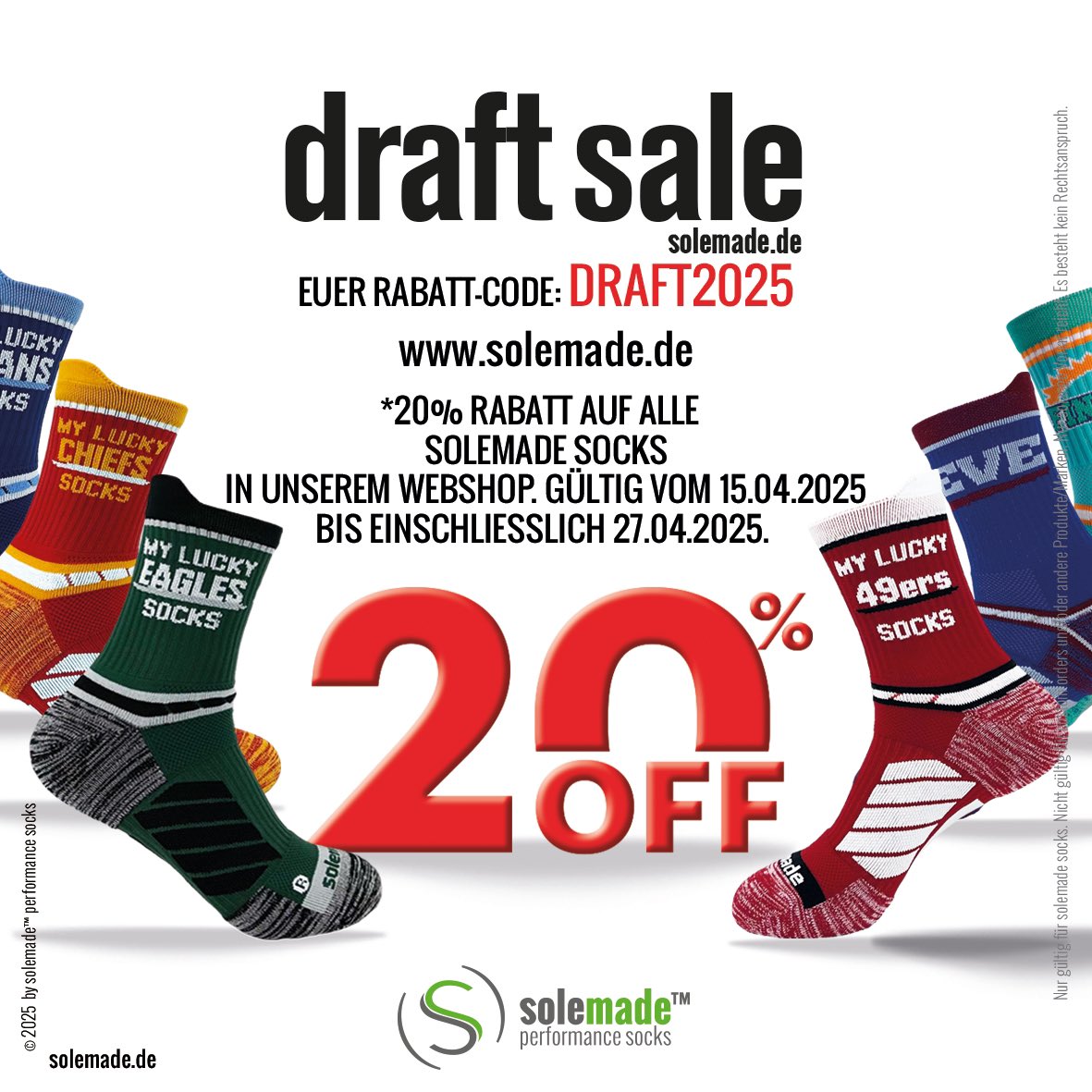 #draftsale - Ab heute - bis einschließlich 27.04.2025 -  20% Rabatt auf alle solemade socks in unserem Webshop - Kein Mindestbestellwert.

Rabatt-Code:   DRAFT2025

solemade.de/performance-so…

- - -
#solemade #mostcomfysocks #performancesocks #sale #nfl #solemade #gotsocks?