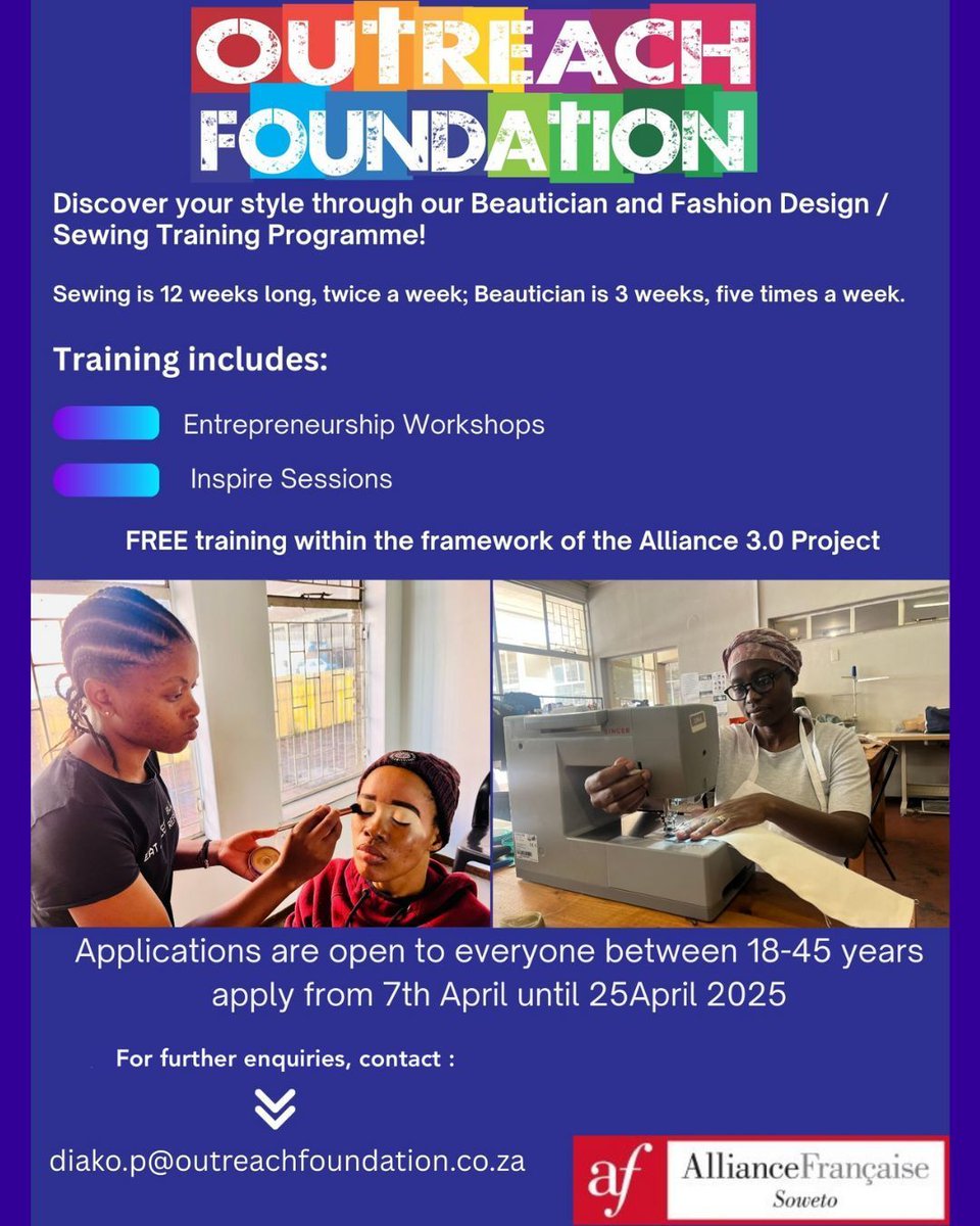 The Alliance Française of Johannesburg is very proud to renew the Alliance 3.0 project in partnership with the Outreach Foundation. Alliance 3.0 gives the opportunity to take part in free

Beautician and Fashion Design trainings.

Use this link: forms.gle/wiLUz3gwskhqag…