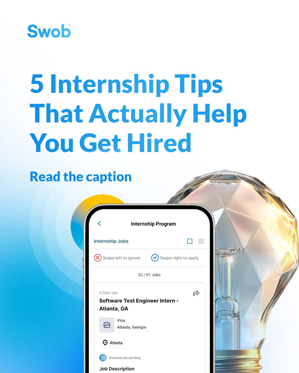 SwobApp's tweet photo. Internships shouldn't just be coffee runs. Want to turn yours into a real job? Show up like you already work there. Ask smart questions. Take on real projects. Bring value.

Let Swob help you find the right one.

#InternshipTips #CareerAdvice #SwobApp #InternToFullTime #JobSearch https://t.co/LJ29KSFXBB
