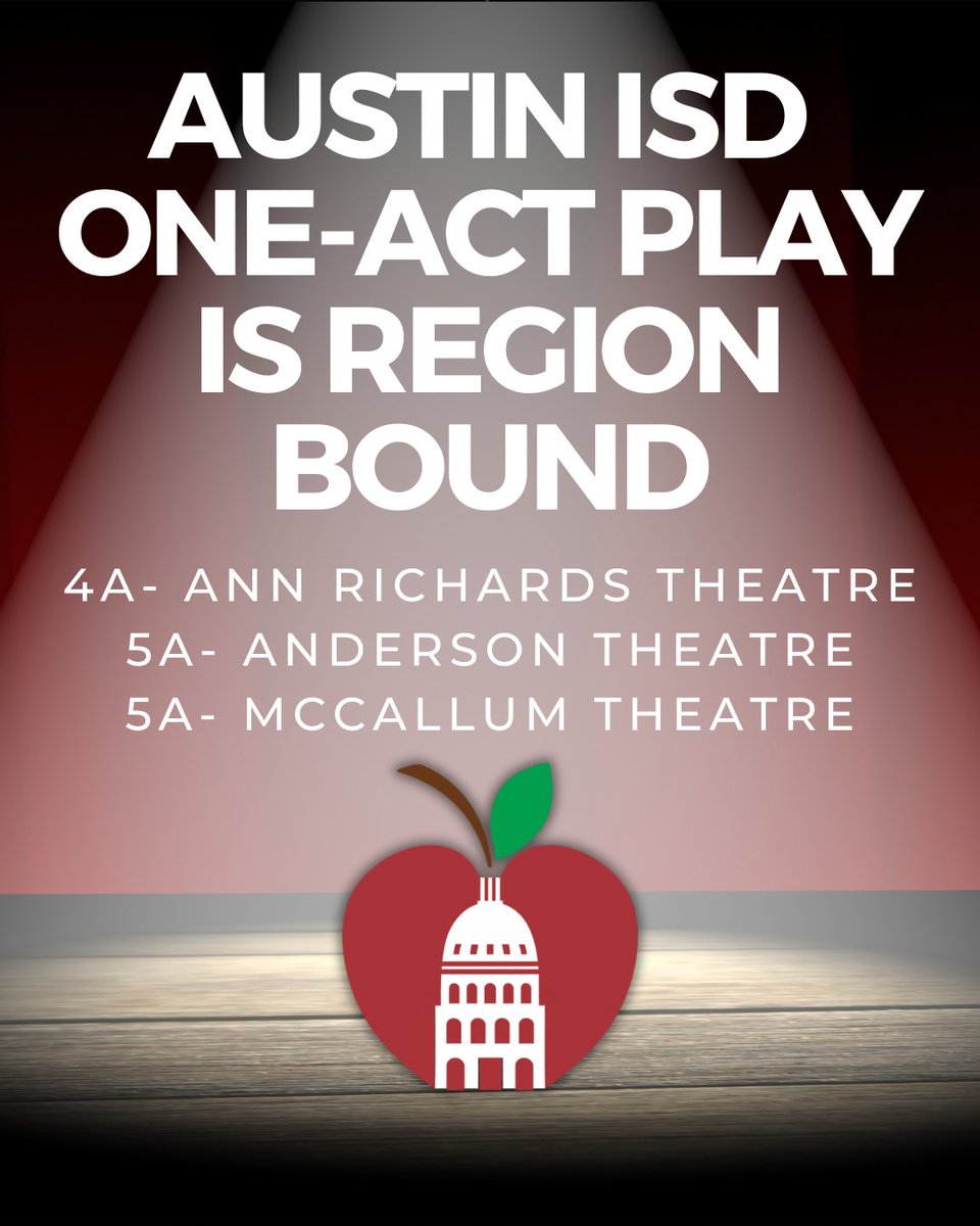 AISDArts (@aisdarts) on Twitter photo Big congrats to 3 <a href="/AustinISD/">Austin ISD</a> schools headed to <a href="/uiltexas/">Texas UIL</a> One-Act Play Regionals—Top 24 in TX!
Apr 25: <a href="/AnnRichardsStar/">Ann Richards School</a> - Rebellious Women (Corpus).
Apr 26: <a href="/AHSTrojansAISD/">Anderson High School</a> - Machinal, <a href="/McCallumHS/">McCallum HS</a>- Cicada (Klein).
Next stop? State Championships in Austin! <a href="/Matias_AISD/">Matias Segura</a> Big congrats to 3 <a href="/AustinISD/">Austin ISD</a> schools headed to <a href="/uiltexas/">Texas UIL</a> One-Act Play Regionals—Top 24 in TX!
Apr 25: <a href="/AnnRichardsStar/">Ann Richards School</a> - Rebellious Women (Corpus).
Apr 26: <a href="/AHSTrojansAISD/">Anderson High School</a> - Machinal, <a href="/McCallumHS/">McCallum HS</a>- Cicada (Klein).
Next stop? State Championships in Austin! <a href="/Matias_AISD/">Matias Segura</a>