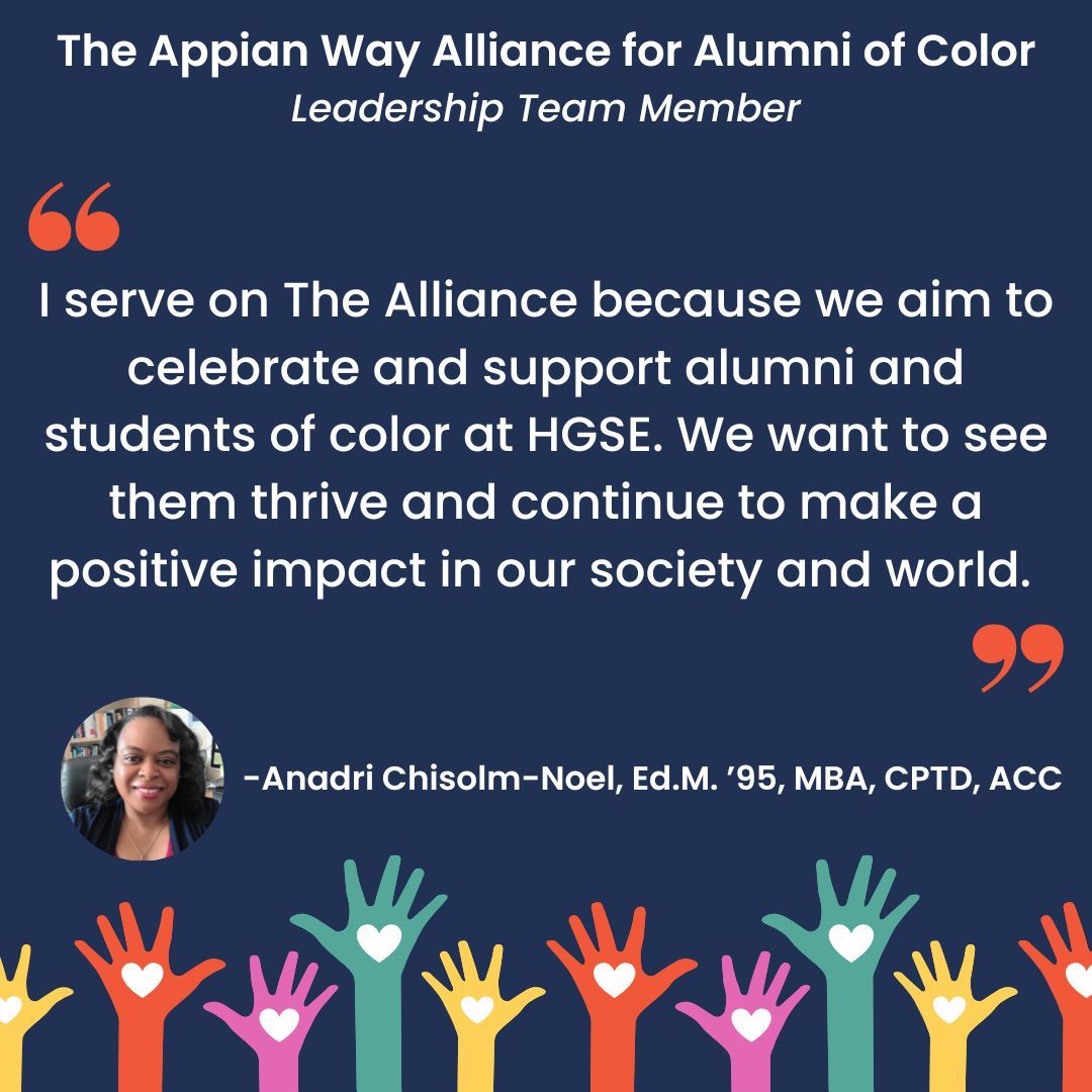 hgse_alumni's tweet image. Today&apos;s #NationalVolunteerMonth feature is Anadri Chisolm-Noel, Ed.M. &apos;95! Anadri serves on The Alliance leadership team, HGSE&apos;s shared interest group. Join Anadri and The Alliance for their virtual event TOMORROW, 4/16 at 7pm! Learn more &amp;amp; register: bit.ly/allianceapril2…
