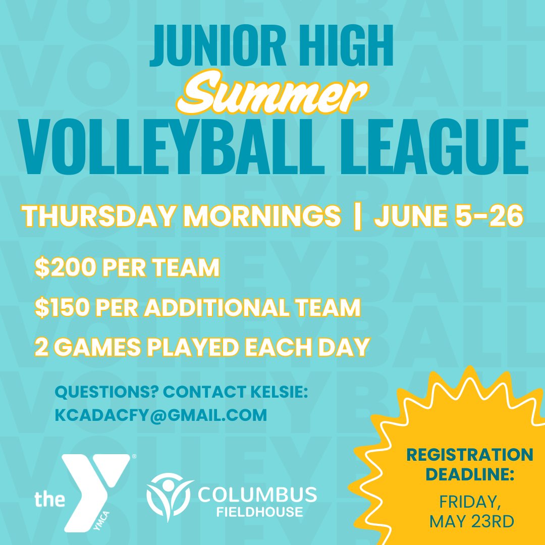 Columbus Family YMCA - Nebraska (@colfamymca) on Twitter photo ๐ Calling All Jr. High Volleyball Teams! ๐
๐
Thursday Mornings | June 5 โ June 26
๐ Games played at the YMCA
๐ฅ Teams divided by grade (if enough teams register)
๐ฒ $200 for first team | $150 for each add'l team from the same school
REGISTER HERE:
ops1.operations.daxko.com/Online/3059/Prโฆ ๐ Calling All Jr. High Volleyball Teams! ๐
๐
Thursday Mornings | June 5 โ June 26
๐ Games played at the YMCA
๐ฅ Teams divided by grade (if enough teams register)
๐ฒ $200 for first team | $150 for each add'l team from the same school
REGISTER HERE:
ops1.operations.daxko.com/Online/3059/Prโฆ