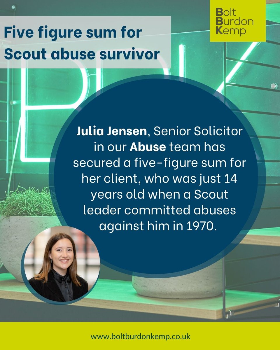 Bolt Burdon Kemp (@boltburdonkemp) on Twitter photo Well done to <a href="/juliajenz/">Julia Jensen</a>, Senior Solicitor in our <a href="/BBK_Abuse_Team/">BBK Abuse Team</a> who, despite the odds, secured a settlement of over ÂŁ60,000 for our client who was abused by his Scout leader. This represents accountability and a way for our client to move on: tinyurl.com/pu7hfdc2 Well done to <a href="/juliajenz/">Julia Jensen</a>, Senior Solicitor in our <a href="/BBK_Abuse_Team/">BBK Abuse Team</a> who, despite the odds, secured a settlement of over ÂŁ60,000 for our client who was abused by his Scout leader. This represents accountability and a way for our client to move on: tinyurl.com/pu7hfdc2