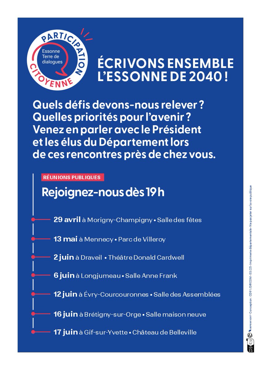 Dès le 29 avril, lancement de réunions publiques sur tout le territoire pour échanger avec vos conseiller départementaux.
#essonnededemain.