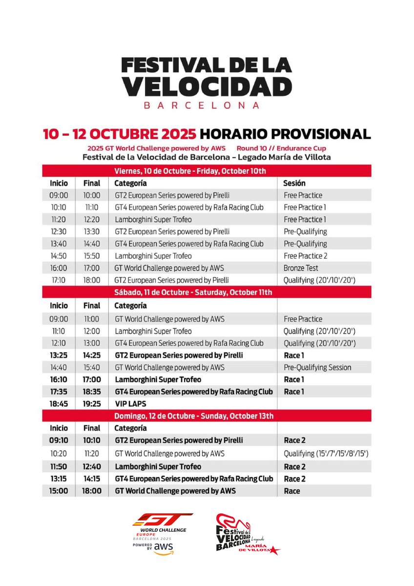 🚨¡Ya disponible el horario provisional de #FestivaldelaVelocidad2025!🚨

🎟️Consigue tu entrada ahora.

10, 11 y 12 de octubre.
📍@circuitdebcncat