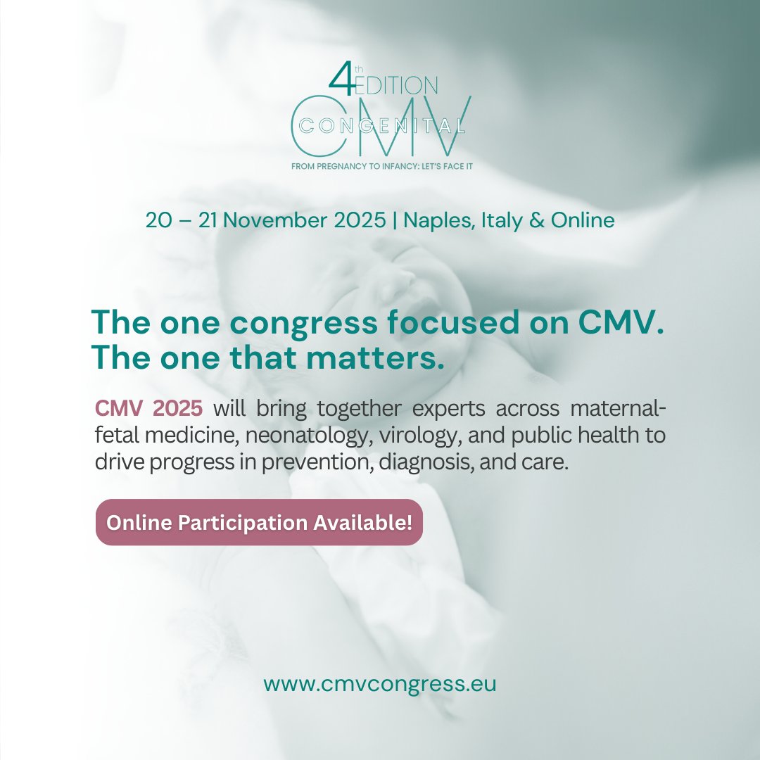 CMV_Congress's tweet image. #CMV2025 is the only international conference entirely dedicated to cytomegalovirus.
Join global experts advancing research, clinical care, and prevention for congenital #CMV.
Submit here👉: bit.ly/CMV-ABSTRACT
Online participation available✅: bit.ly/CMV-REGISTER
