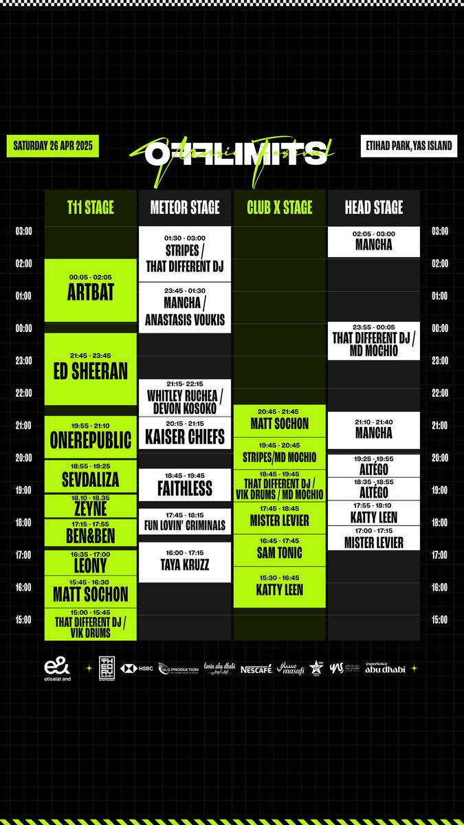 Woiiiii !! Offlimits Festival Timings! 

Have the pleasure of playing on every stage! Kicking the Day Off and Closing UAE's first Open Format Festival 💚 

Get yo tickets now offlimitsfestival.com link in bio too

Big UP <a href="/offlimitsfest/">Offlimitsfestival</a> <a href="/theoryelevenme/">Theory Eleven Entertainment</a> @manikthreesixty