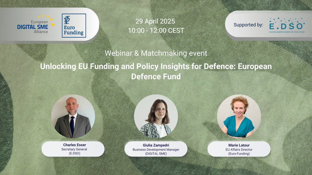 European DIGITAL SME Alliance (@eudigitalsme) on Twitter photo Webinar: Unlocking EU Funding and Policy Insights for Defence 📢
🗓️ 29 April 2025
⏰ 10:00 - 12:00 CEST
During this session, organised in collaboration with <a href="/EURO_FUNDING/">EURO-FUNDING</a>, we will dive into funding opportunities under the European Defence Fund for #SMEs and mid-caps looking to Webinar: Unlocking EU Funding and Policy Insights for Defence 📢
🗓️ 29 April 2025
⏰ 10:00 - 12:00 CEST
During this session, organised in collaboration with <a href="/EURO_FUNDING/">EURO-FUNDING</a>, we will dive into funding opportunities under the European Defence Fund for #SMEs and mid-caps looking to