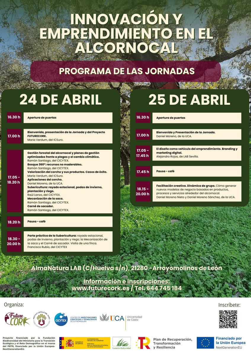 2️⃣4️⃣Abril➡️Jornada. Innovación y emprendimiento en el alcornocal📲🌳
📍En Arroyomolinos de León (Huelva)
✅En el marco del Proyecto <a href="/futurecork/">futurecork</a> 
 🌎Un evento para promocionar la bioeconomía en el sector corchero💰🤎
ℹ️Infórmate cicytex.juntaex.es/-/jornada-inno…