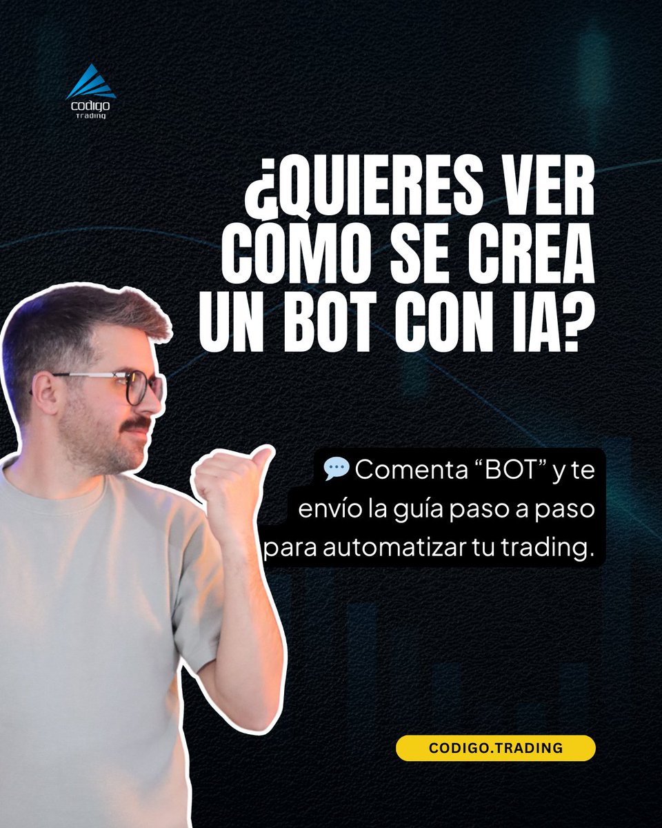 CodigoTrading's tweet image. 😩 El trading manual agota.

💬 Comenta “BOT” y te envío cómo aprender a automatizar

⚠️Advertencia: El trading conlleva alto riesgo de pérdida de capital. La información es solo informativa.

#TradingConIA #BotDeTrading #IAParaTraders #TradingAutomatizado #RobotDeTrading
