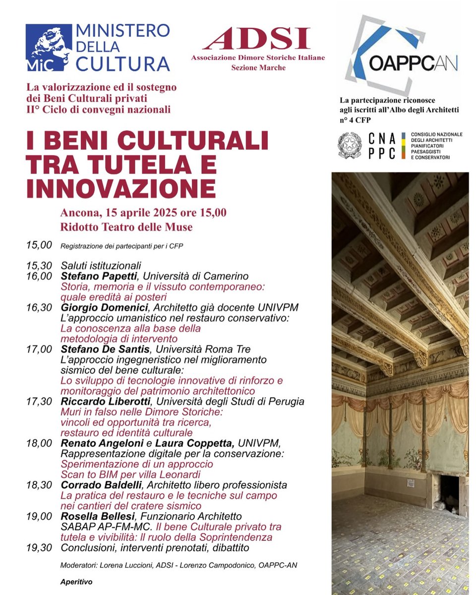 🗣️ Convegno: I Beni Culturali tra Tutela e Innovazione
🗓️ Martedì 15 aprile 2025 | Ore 15.00

🎯 Tecniche, metodi e professionalità capaci di portare innovazione nel rispetto della tutela del bene culturale e delle Dimore Storiche.

📺 Diretta streaming: youtube.com/watch?v=ZjqHOh…