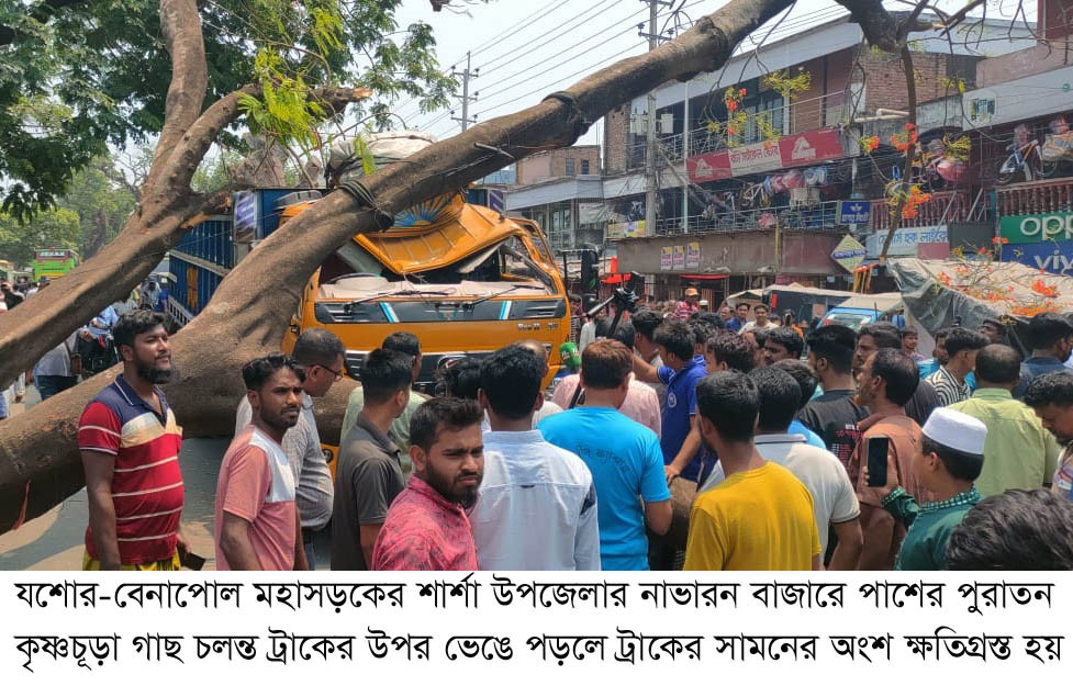 যশোর-বেনাপোল মহাসড়কে চলন্ত ট্রাকের উপর ভেঙে পড়লো গাছ