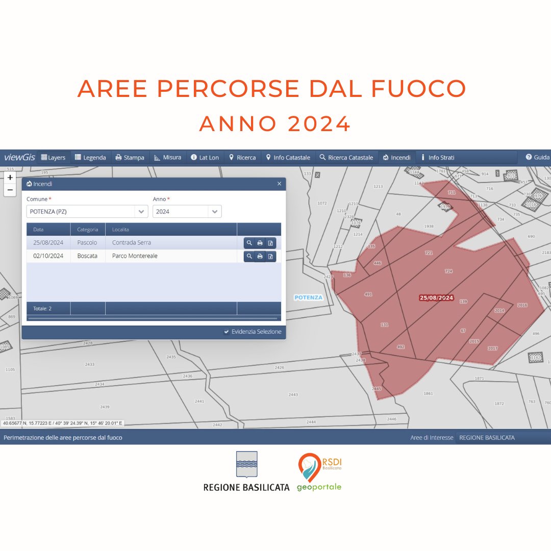 🔥 𝗣𝗲𝗿𝗶𝗺𝗲𝘁𝗿𝗮𝘇𝗶𝗼𝗻𝗲 𝗱𝗲𝗹𝗹𝗲 𝗮𝗿𝗲𝗲 𝗽𝗲𝗿𝗰𝗼𝗿𝘀𝗲 𝗱𝗮𝗹 𝗳𝘂𝗼𝗰𝗼
Il servizio 𝗔𝗿𝗲𝗲 𝗽𝗲𝗿𝗰𝗼𝗿𝘀𝗲 𝗱𝗮𝗹 𝗳𝘂𝗼𝗰𝗼 è stato aggiornato con le aree boscate e dei pascoli percorsi dal fuoco nell’anno 𝟮𝟬𝟮𝟰.
🔗rsdi.regione.basilicata.it/2025/04/15/inc…