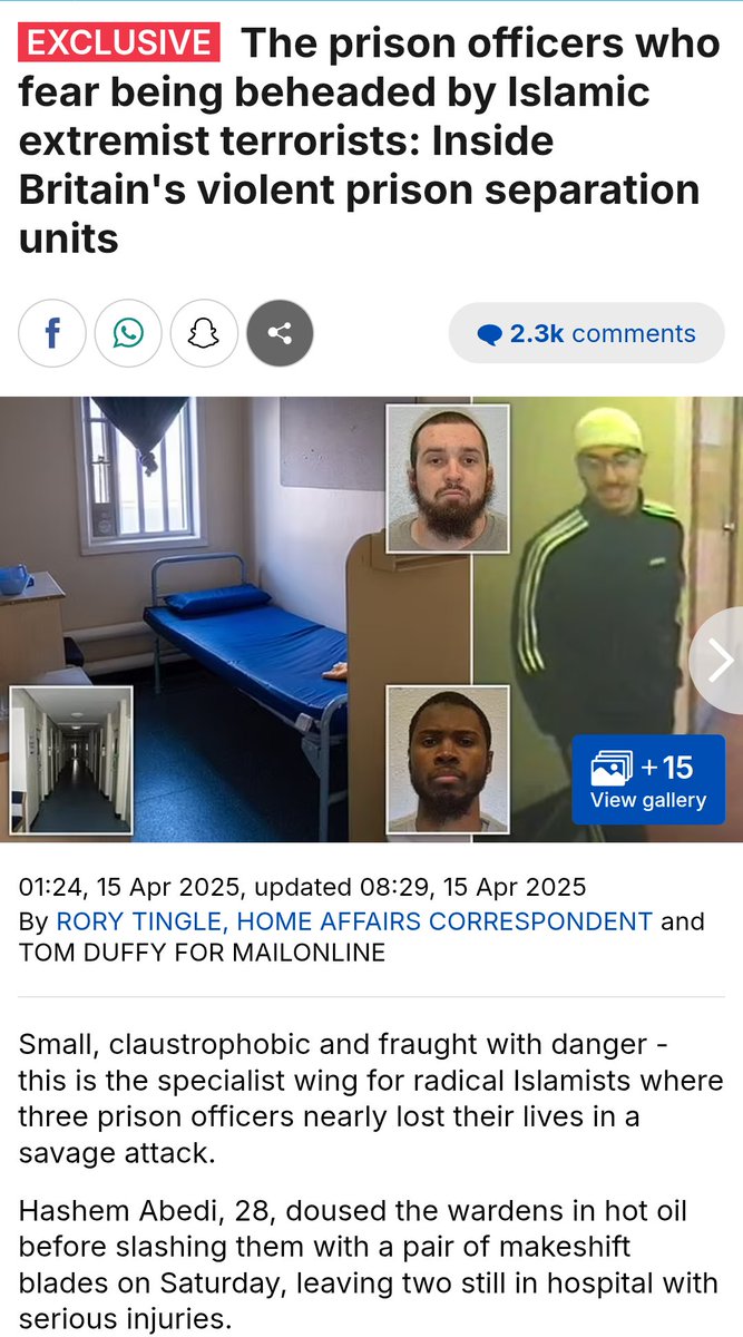 The prison officers who fear being beheaded by Islamic extremist terrorists: Inside Britain's violent prison separation units
dailymail.co.uk/news/article-1…