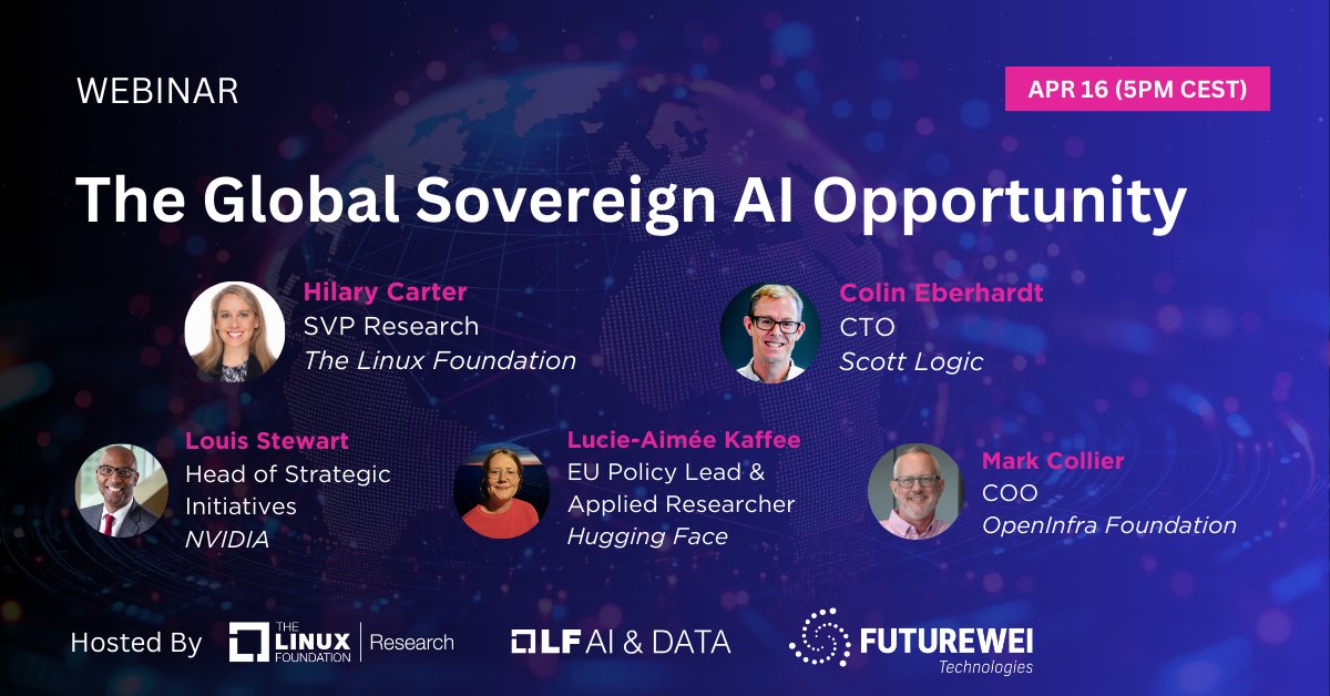 LF AI & Data Foundation (@lfaidatafdn) on Twitter photo β° 1 day to go!
Donβt miss our live webinar on Sovereign AI in the EU, featuring:
@HuggingFace, <a href="/nvidia/">NVIDIA</a>, <a href="/Scott_Logic/">Scott Logic</a> and <a href="/openinfradev/">OpenInfra Foundation</a>
π
April 16 | 5β6pm CEST
π Register: hubs.la/Q03hhZXz0
#OpenSource #SovereignAI #LFAIData β° 1 day to go!
Donβt miss our live webinar on Sovereign AI in the EU, featuring:
@HuggingFace, <a href="/nvidia/">NVIDIA</a>, <a href="/Scott_Logic/">Scott Logic</a> and <a href="/openinfradev/">OpenInfra Foundation</a>
π
April 16 | 5β6pm CEST
π Register: hubs.la/Q03hhZXz0
#OpenSource #SovereignAI #LFAIData