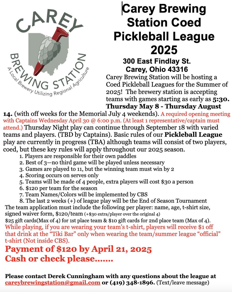 #summerleague 
The Carey Brewing Station is still accepting registration for Summer League Coed Teams in Volleyball &amp; Pickleball, but time is running out!
See the flyers below and contact Derek ASAP to get registered for 2025! #volleyball  #pickleball #summerleague2025