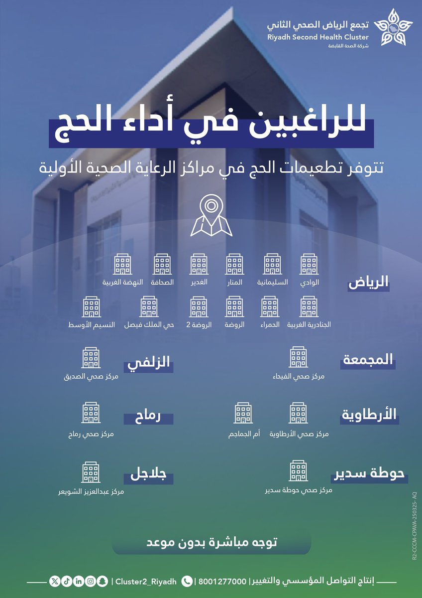 رايح للحج .. خذ اللقاح وتطمن ✅

متوفر في مراكزنا بـ #تجمع_الرياض_الصحي_الثاني