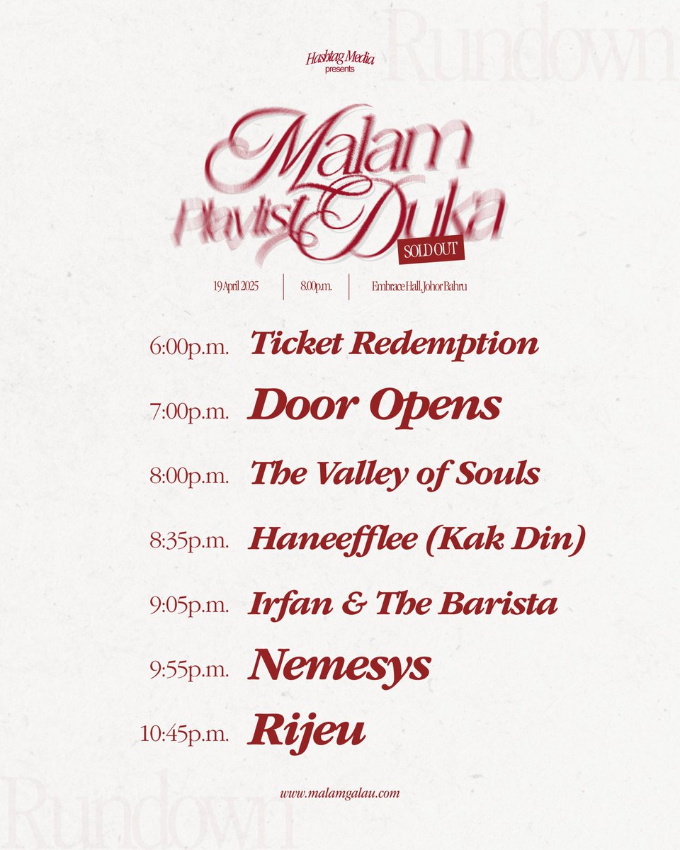Ini adalah rundown #MalamPlaylistDuka JB 19 April (Sabtu) ini di Embrace Hall, Johor Bahru!

Datang seawal 6 petang untuk redeem wristband dan boleh terus enjoy show jam 8 malam okay! Untuk warga JB nak tema apa 😝