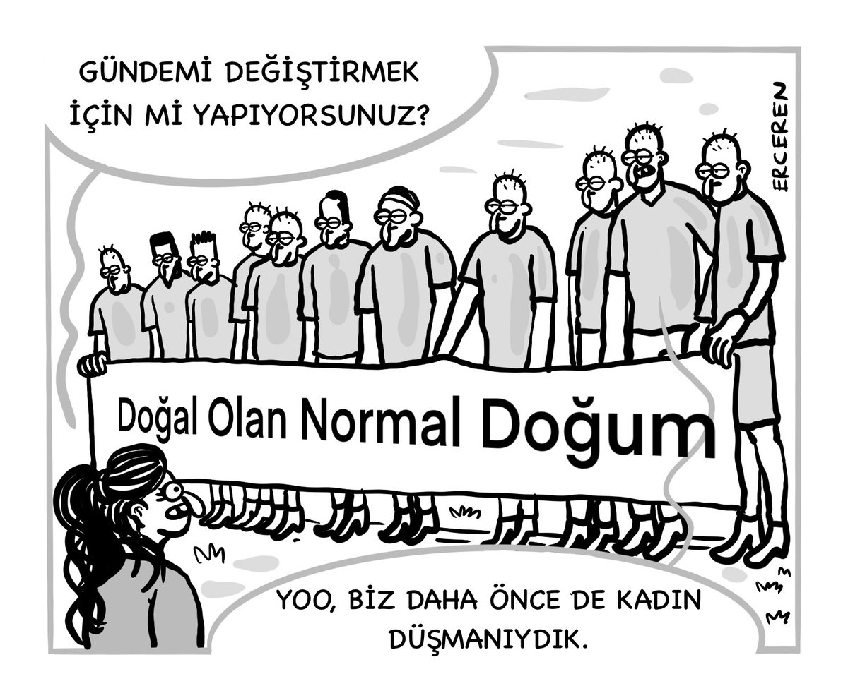Sivasspor’un erkek futbolcularının sahaya “Doğal olan normal doğum” pankartıyla çıkması üzerine <a href="/Erceren1/">Erceren</a>  çizdi.
-Gündemi değiştirmek için mi yapıyorsunuz?
-Yoo, biz daha önce de kadın düşmanıydık.
muzir.org/2025/04/15/kad…