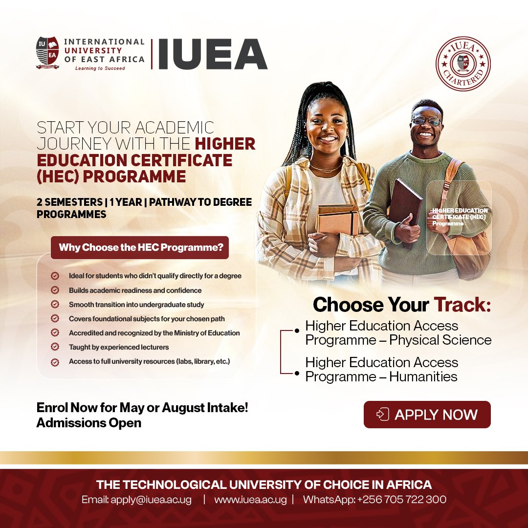 𝐃𝐢𝐝𝐧’𝐭 𝐪𝐮𝐚𝐥𝐢𝐟𝐲 𝐟𝐨𝐫 𝐝𝐢𝐫𝐞𝐜𝐭 𝐮𝐧𝐢𝐯𝐞𝐫𝐬𝐢𝐭𝐲 𝐞𝐧𝐭𝐫𝐲? 🎓

You still have a clear path to your degree, and it starts here. 

The 𝐇𝐄𝐂 𝐏𝐫𝐨𝐠𝐫𝐚𝐦𝐦𝐞 at IUEA is your one-year academic lift off—designed𝐭𝐨 𝐛𝐮𝐢𝐥𝐝 𝐲𝐨𝐮𝐫 𝐜𝐨𝐧𝐟𝐢𝐝𝐞𝐧𝐜𝐞,