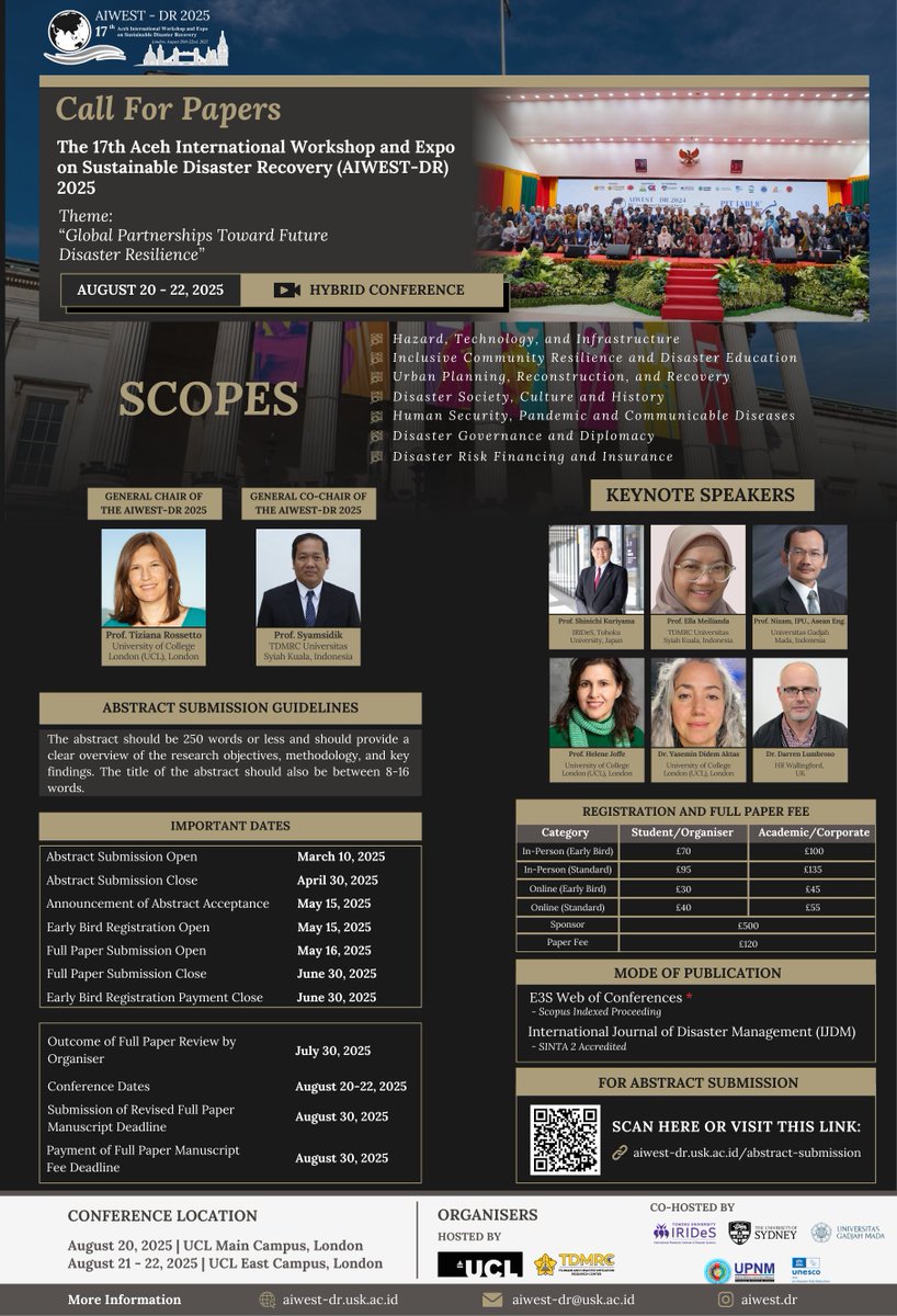 🚨 Abstracts Open!

 AIWEST-DR 2025 | Aug 20–22, 2025 | Hybrid

🌍 Theme: Global Partnerships for Future Resilience
 📅Submit by April 30, 2025!
📚 Accepted papers: IOP (Scopus) or IJDM (Sinta2)

Co-hosts: UCL, TDMRC, Tohoku, Sydney, UGM, UPNM