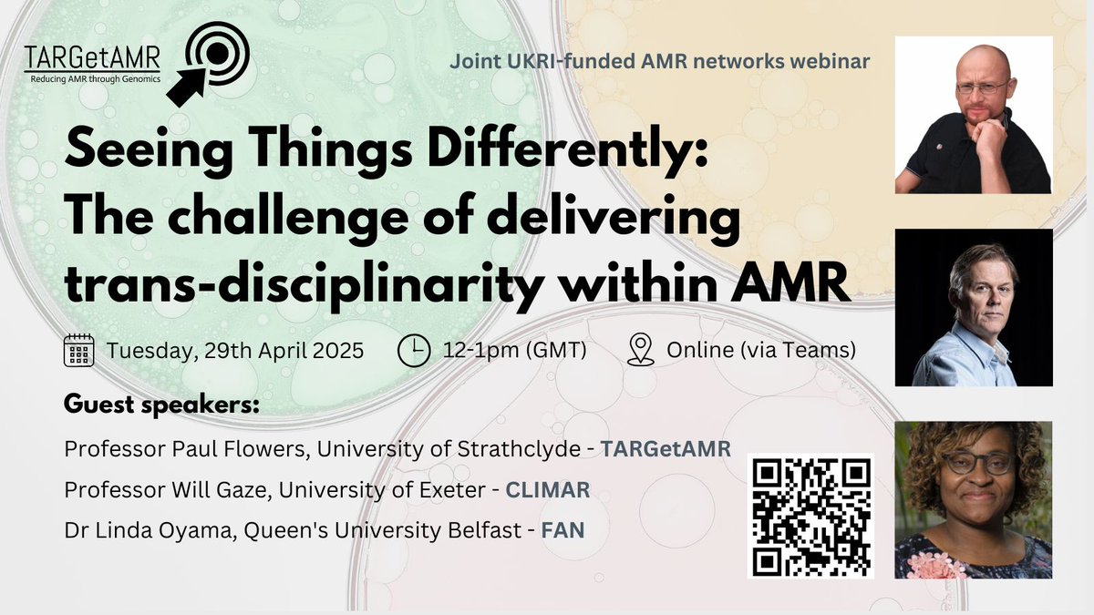 TARGet_AMR's tweet photo. 🚨 Coming soon!🚨
💡 Seeing Things Differently: The challenge of delivering trans-disciplinarity within AMR
🎤 Presented by Prof. Paul Flowers, Prof. Will Gaze &amp; Dr Linda Oyama
🗓️ Tuesday 29th April @ 12 – 1pm
👉 Sign up now: https://t.co/llSxAthhhH https://t.co/W4JUpM2Jl2
