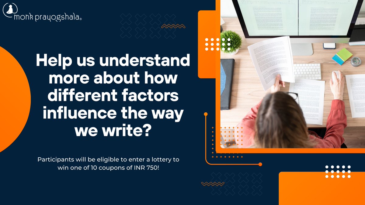 monkprayogshala's tweet image. 📣#callforparticipants
How do different factors shape the way we write?
Participate in Monk Prayogshala's study and stand a chance to win one out of 10 coupons worth ₹750 each.

Join now: buff.ly/mb8zjxW

#MonkPrayogshala #researchstudy #participate