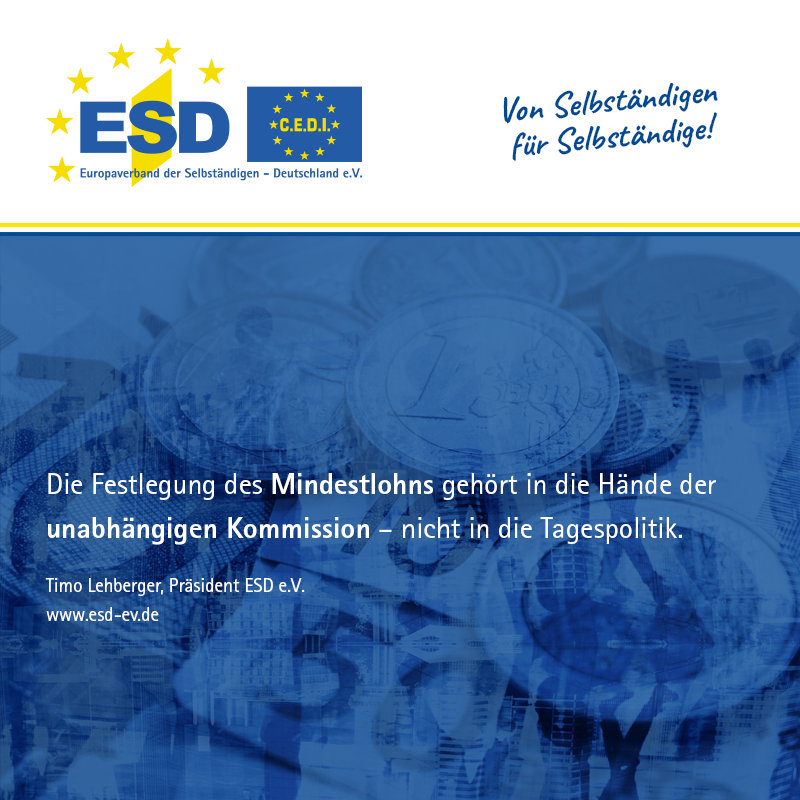 „Die Festlegung des Mindestlohns gehört in die Hände der unabhängigen Kommission – nicht in die Tagespolitik.“

📢 Der ESD warnt vor politischen Eingriffen und fordert ordnungspolitische Rückbesinnung.

👉 Zur Pressemitteilung: bit.ly/4cBDk3d

#Mindestlohn #KMU #ESDeV