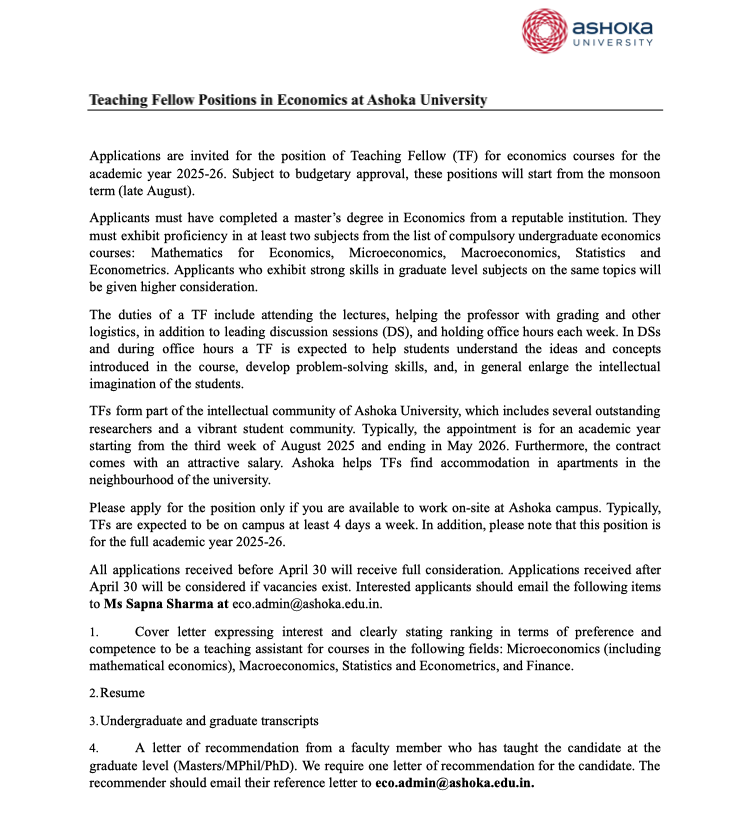 We are looking to hire Economics teaching fellows for the academic year 2025-26. The salary is competitive, and you will work closely with outstanding researchers. Check out the details below.