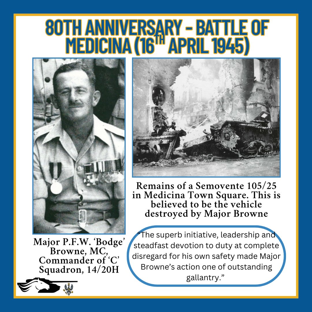 HorsePowerMus's tweet image. Today is the 80th Anniversary of the Battle of Medicina!
#OnThisDay Major 'Bodge' Browne was awarded the Distinguished Service Order for his bravery and gallantry throughout the battle. 🎖️
