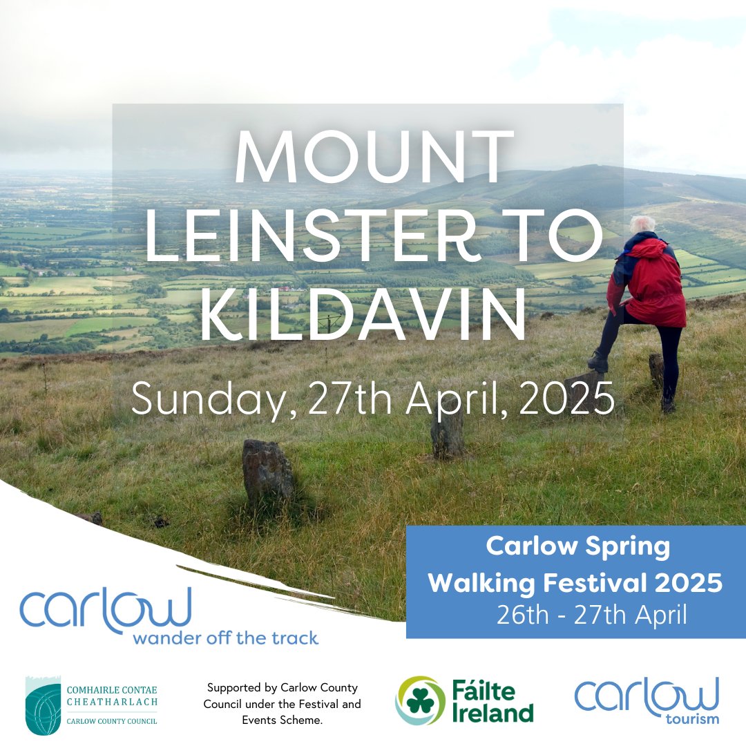 carlowtourism's tweet photo. The Blackstairs Mountains are a landscape of remarkable ecological and scenic value, designated as a Special Area of Conservation to protect their rich biodiversity. Their moorlands—unique in Carlow and Wexford above 300 metres—are a rare and precious habitat where wet and dry heaths support a tapestry of plant life. This diverse environment is a haven for wildlife, with red grouse, skylarks, pheasants and woodcocks thriving in the heathland.

👉Book your ticket: https://t.co/qJqiuvYaYv

This walk is the perfect opportunity to discover more about this unique landscape, immersing yourself in its ever-changing scenery, wildlife and rich biodiversity. The walk begins at the well-known viewing spot of the Nine Stones on the Blackstairs Mountains before descending towards the cattle grid on the Mountain Road. The route then loops around Tomduff, leading up to the cairn on Slievebawn and returns to the Nine Stones vantage point. Here, you can take in an unrivalled panorama of Carlow’s rich and colourful countryside, stretching across the southeast like a vibrant tapestry. On clear days, you might even catch a glimpse of the distant Welsh coastline.

From the Nine Stones, the walk continues through Corrabut Gap and ascends Kilbrannish Hill, offering more stunning views. The route then follows the South Leinster Way, winding down to the peaceful village of Kildavin, where this scenic and rewarding hike concludes.

Date and Time: Sunday, 27th April, 2025
Tickets: €25
Registration: Conway's Pub & Lounge, Kildavin, Carlow Y21 PX98 at 8.30 a.m.
Actual Distance: 19km
Walk Duration: 5hrs (approx.)

@Carlow_Co_Co @Failte_Ireland
#WanderOffTheTrack #IrelandsAncientEast #KeepDiscovering #inCarlow #CarlowTourism #Carlow #walkingfestival