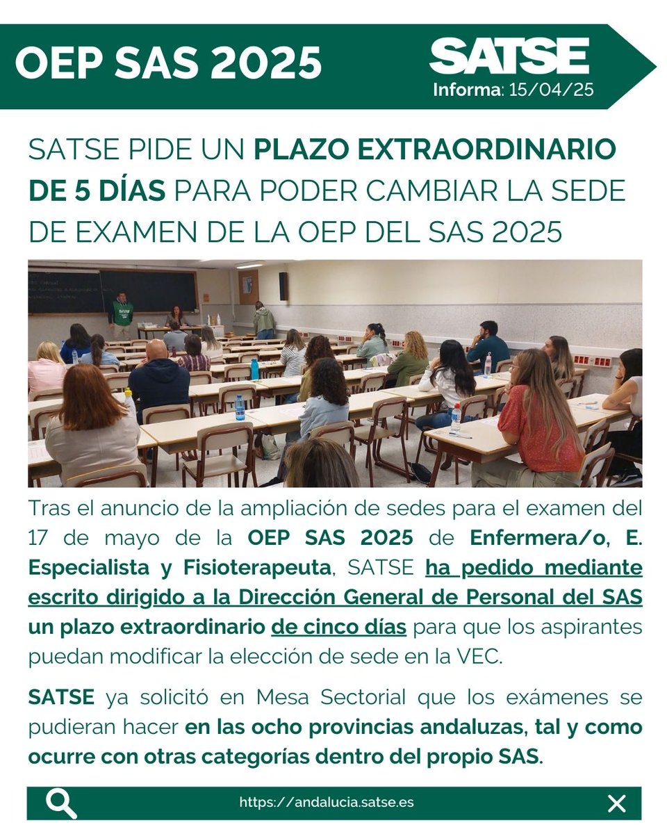 SATSE_Andalucia's tweet photo. ✍️🖥️SATSE solicita un plazo extraordinario para que los aspirantes de la #OEP 2025 #SAS puedan modificar su sede de examen.
😡El Sindicato asegura que, de no dar una solución, sería un perjuicio para los aspirantes.
🔗Accede a la información completa👉 https://t.co/Q6PEri28xF https://t.co/R8BTrlPhdf